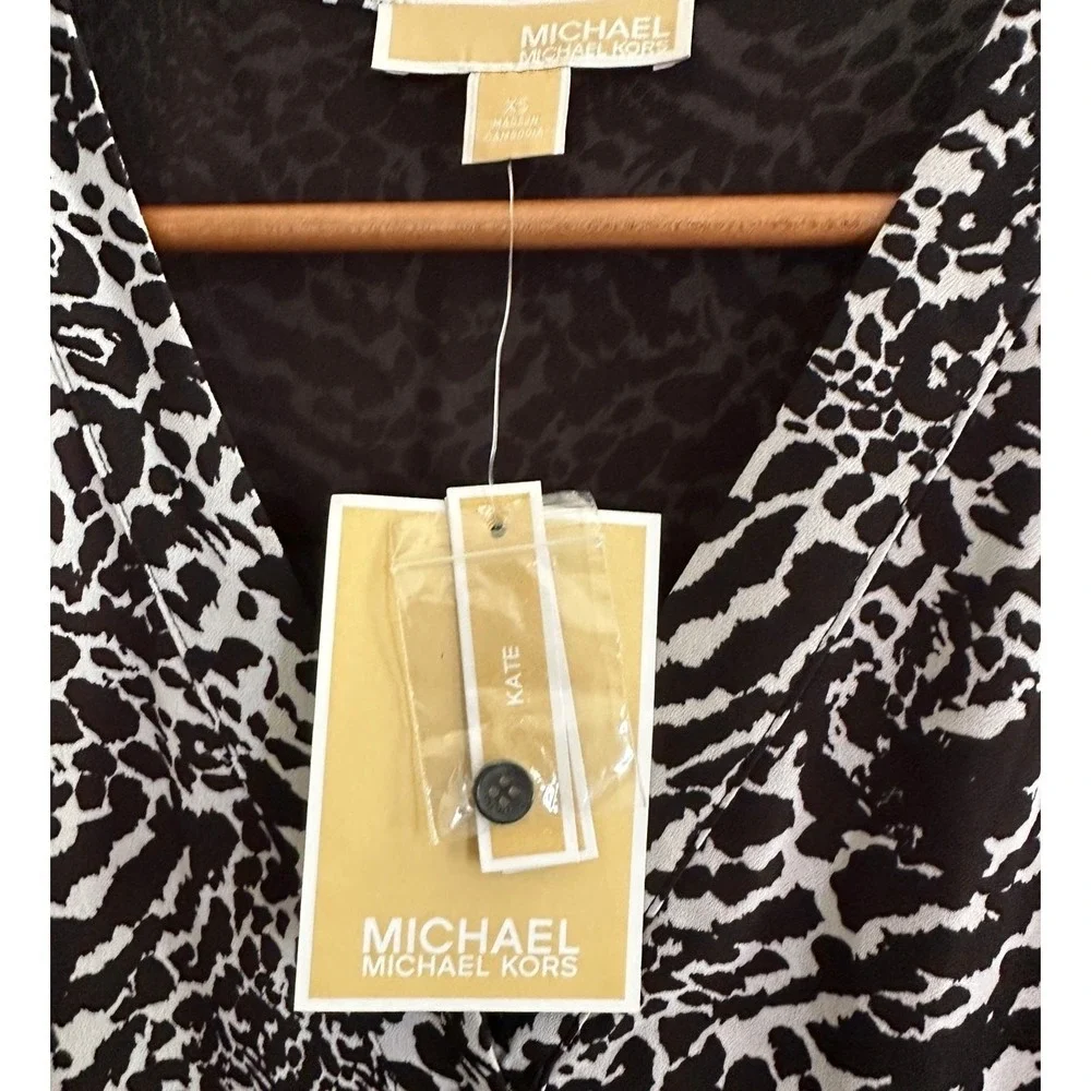 Michael‎ Kors Leopard Midi Dress XS Chiffon Black White Mob Wife Vacation Glam
